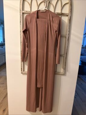 Long Ribbed Open-Front Duster and strapless dress  - Mauve- Maternity